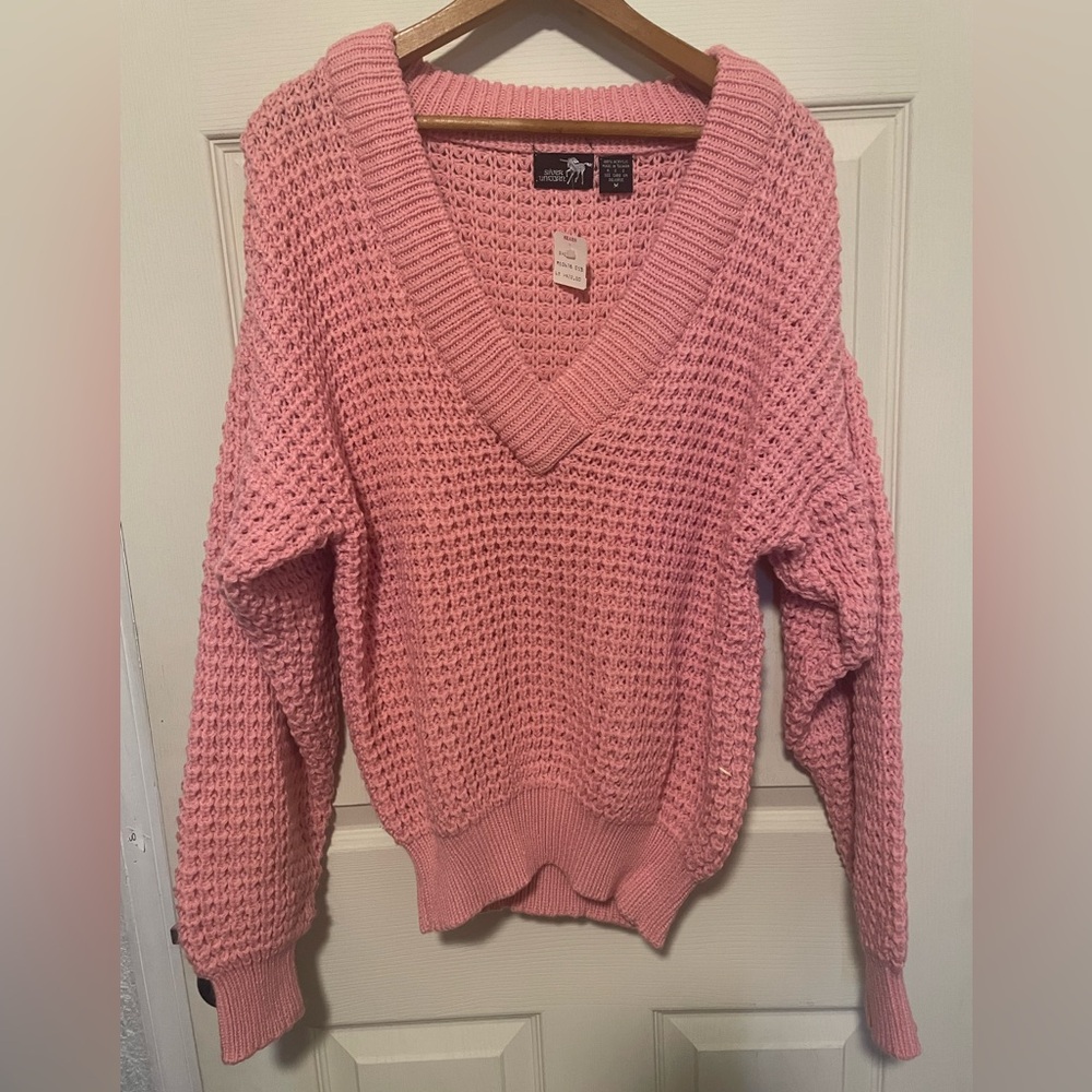 Y2K Silver Unicorn Pink Open Knit V-Neck Sweater, Women’s M, NWT